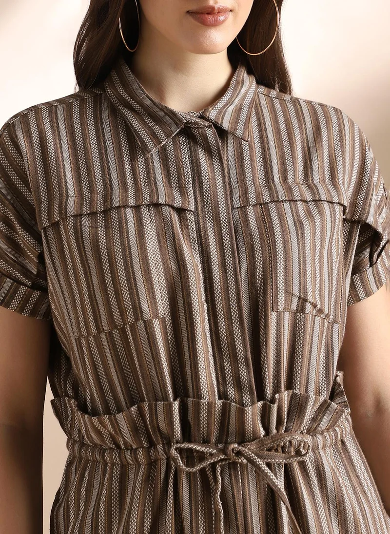 globus Brown Globus Women Brown Striped Extended Sleeves Collared Neck Waist Tie-Ups Wide Leg Jumpsuit for Women | Best Price UAE